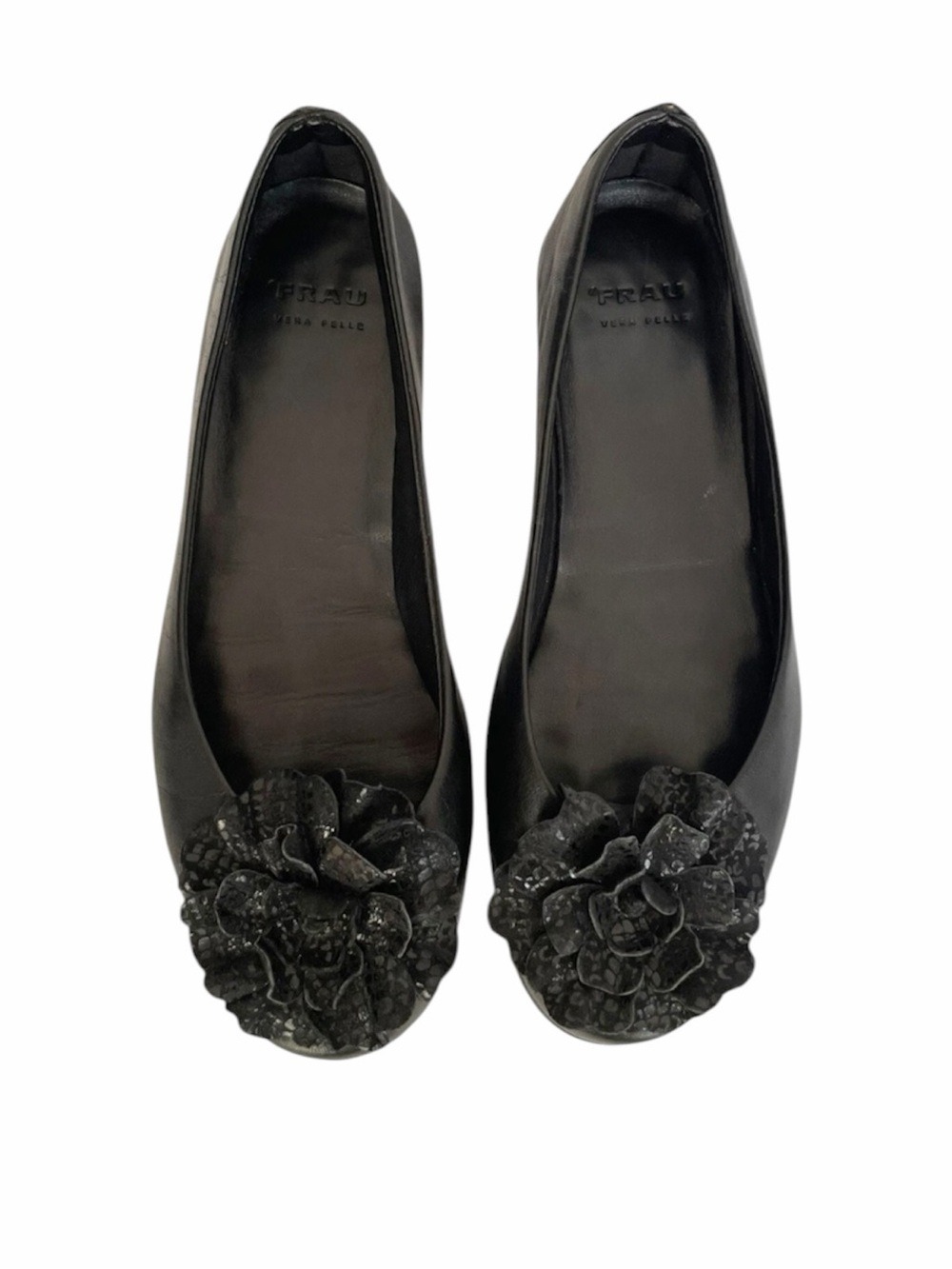 FRAU Italy Black Leather Rosette Ballet Flats Vera Pelle EU 37 US 6.5-7